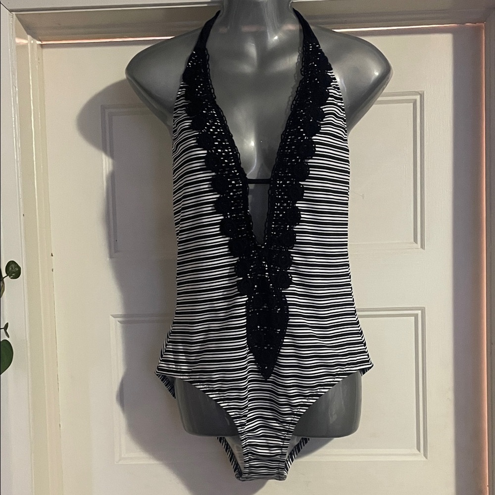 Massimo Black and White Striped One Piece Swimsuit